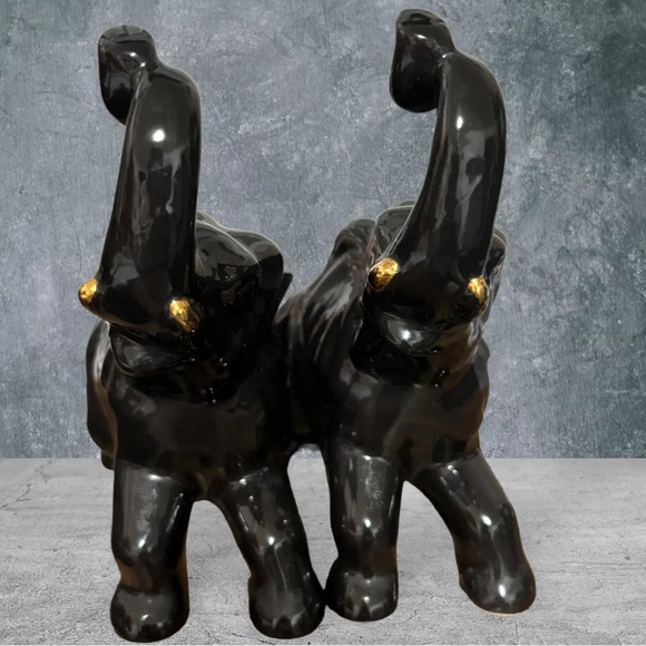 Vintage Ceramic Elephants (2) Black 1960 Gold Trunk Up Home Decor - Picture 4 of 9